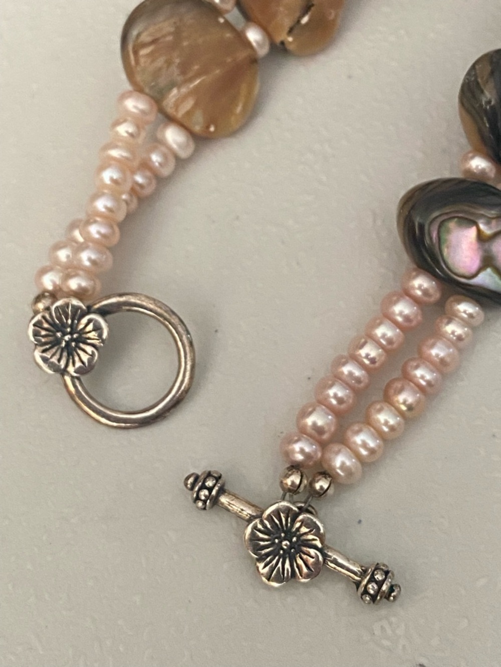 Abalone Shell & Pearl Bracelet Sterling Silver Toggle Baroque Artisan Jewelry - Picture 3 of 8